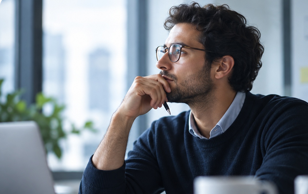 Thoughtful technology professional reflecting on an important decision